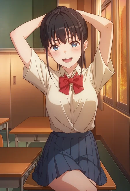 score_9, score_8_up, score_7_up, anime screencap, source_anime, 1girl, solo,
<lora:Airi_Sega_Iya_na_Kao_sare_nagara_Opantsu_Misete_Moraitai_V2:.85>, KJOairi, blue eyes, black hair, ponytail, bangs, sidelocks,
white school uniform, red bow, navy pleated skirt,
sitting on desk, crossed legs, smile, blush, open mouth, arms up,
classroom, window, dusk, sunset,
(Beautiful, medium Breasts:1.2),