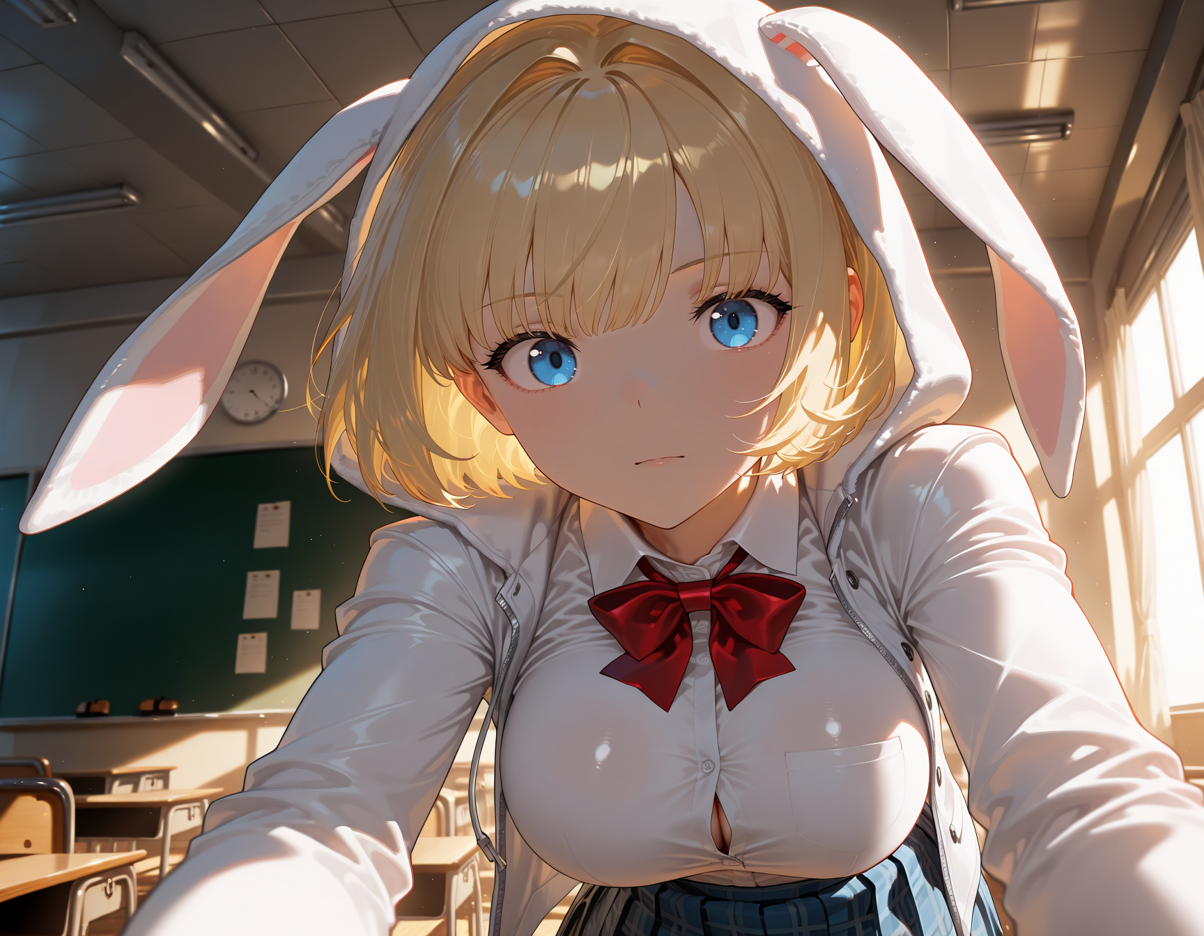 HDR, 8k, high contrast, masterpiece, best quality, amazing quality, very aesthetic,  high resolution, ultra-detailed, absurdres, newest, scenery, (volumetric lighting), detailed background, detailed, perspective, chiaroscuro, close-up, upper body, justiakendo, large breasts, blonde hair, short hair, hair intakes, blue eyes, school uniform, red bowtie, blue plaid_skirt, white socks, shirt, shoes, rabbit hood, white_jacket, open_jacket, indoors, school, classroom
<lora:Justia_ilxl:0.8>