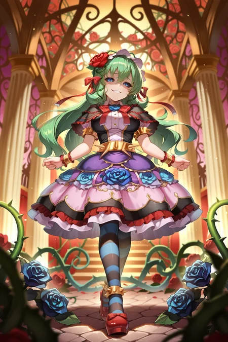<lora:ChamIllustriousBackgroundEnhancer:0.5> <lora:illustrious_quality_modifiers_masterpieces_v1:0.8> ,  masterpiece, very aesthetic, absurdres, best quality, amazing quality, high resolution, newest, very awa, scenery, volumetric lighting, solo,  looking at viewer,  <lora:ToraIllustrious:0.9> , tordef, 1girl, solo, long hair, green hair, black sclera, blue eyes, hair flower, blue rose, hair ribbon, black capelet, frilled capelet, cross-laced clothes, red bowtie, frilled hairband, layered dress, collared dress, frilled dress, juliet sleeves, yellow armlet, spiked armlet, yellow belt, spiked belt, wrist cuffs, horizontal-striped thighhighs, yellow anklet, spiked anklet, high heels, plant, thorns, vines, interior, rose garden, mansion, by rikui (rella2930), shaded face, large breasts, large eyes, evil grin