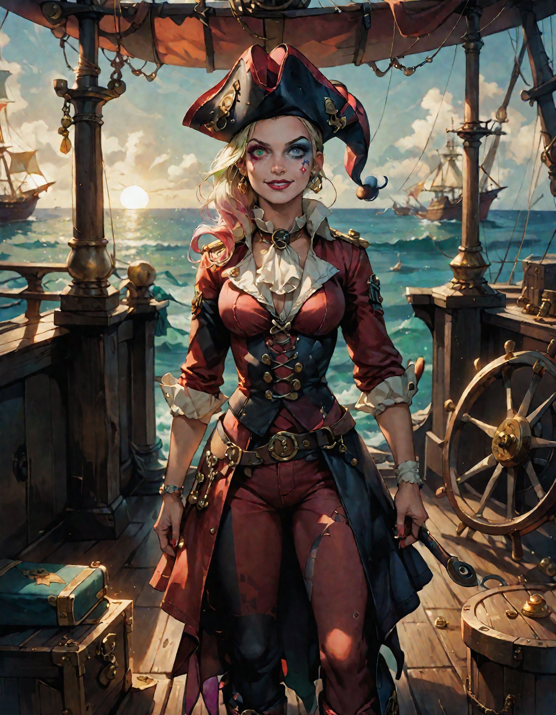 score_9, score_8_up, score_7_up, score_6_up, score_5_up, score_4_up,
deck view, bright lighting, adventurous atmosphere, pirate girl, ship's wheel, sails, navigating the seas, giving orders, wearing pirate outfit, confident expression, tricorn hat, wooden deck, sea spray, treasure chests
harley quinn, batman
<lora:_xDETL_detailed_notrigger:0.9>   <lora:Anime Summer Days 2 Style SDXL_LoRA_Pony Diffusion V6 XL:0.8>    <lora:_xTONI_d4rkv1b3XLP:0.3>