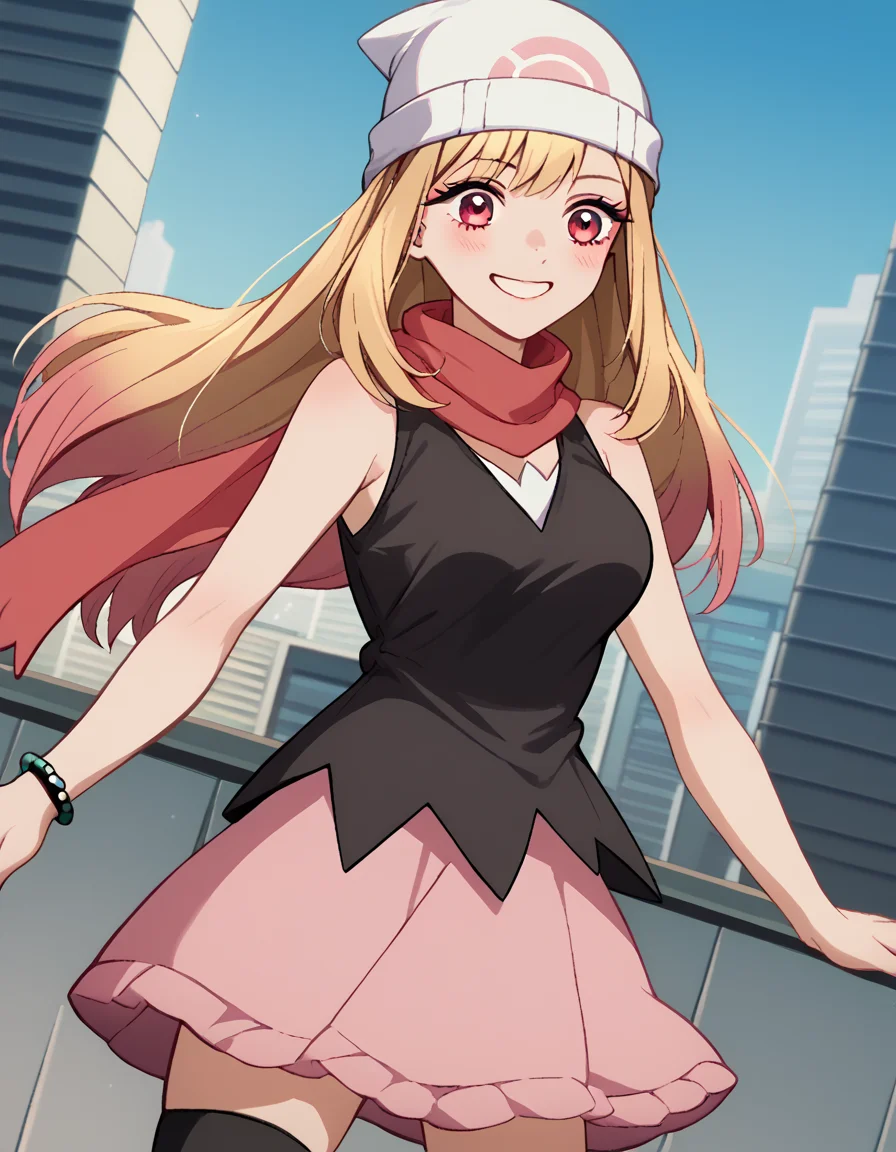 score_9, score_8_up, score_7_up, source_anime, marinkitagawa, <lora:marin-kitagawa-ponyxl-lora-nochekaiser:1>, marin kitagawa, long hair, bangs, blonde hair, red eyes, multicolored hair, medium breasts,, <lora:dawn-pokemon-cosplay-ponyxl-lora-nochekaiser:1>, dawnpokemoncosplay, dawn \(pokemon\) \(cosplay\), bare shoulders, beanie, black shirt, black socks, bracelet, hat, jewelry, kneehighs, miniskirt, pink skirt, red scarf, scarf, shirt, skirt, sleeveless, sleeveless shirt, white headwear,, cityscape, street, smile, blush,, cowboy shot, dutch angle, solo,