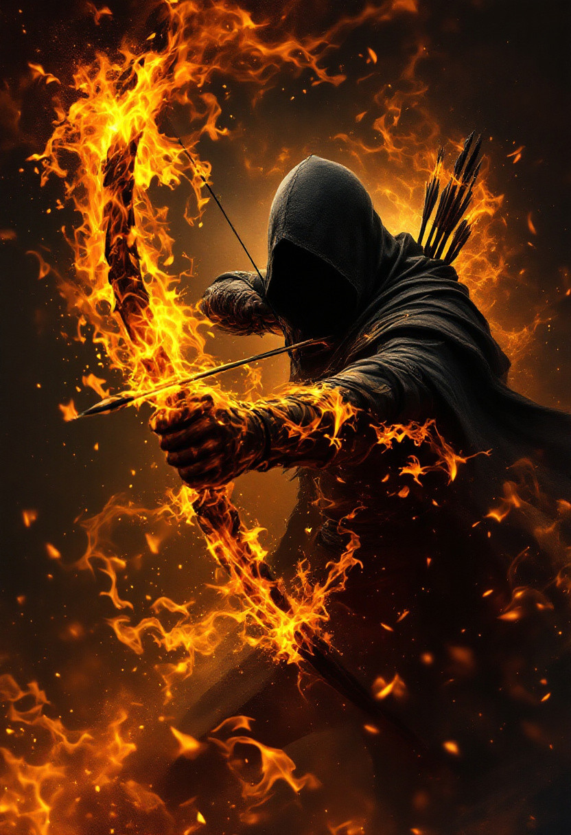 Image is a digital artwork depicting a dynamic and intense scene. The style is highly detailed and dramatic, with a focus on lighting and motion. The layout centers on a hooded archer, whose face is obscured by the hood, creating a mysterious and intense atmosphere. The archer is pulling back a bowstring, ready to release an arrow, with flames swirling around the figure, adding a sense of urgency and power. The background is dark and smoky, enhancing the fiery elements and highlighting the archer's silhouette. The color palette is dominated by warm tones of orange and yellow from the flames, contrasting with the dark, shadowy figure. The overall composition conveys a sense of action and fantasy, with a strong emphasis on the interplay between light and shadow.