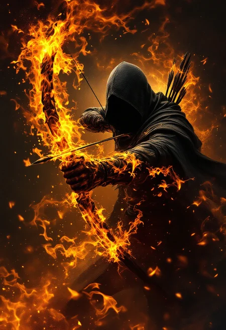 Image is a digital artwork depicting a dynamic and intense scene. The style is highly detailed and dramatic, with a focus on lighting and motion. The layout centers on a hooded archer, whose face is obscured by the hood, creating a mysterious and intense atmosphere. The archer is pulling back a bowstring, ready to release an arrow, with flames swirling around the figure, adding a sense of urgency and power. The background is dark and smoky, enhancing the fiery elements and highlighting the archer's silhouette. The color palette is dominated by warm tones of orange and yellow from the flames, contrasting with the dark, shadowy figure. The overall composition conveys a sense of action and fantasy, with a strong emphasis on the interplay between light and shadow.