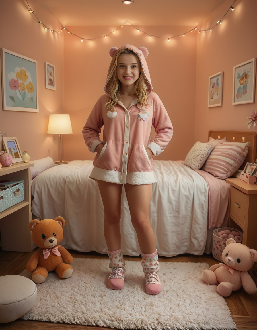 sfw,(A young woman:1.3),long blond hair, standing in a cozy, pastel-colored bedroom,Girl b3dr00m, wearing a whimsical bear-shaped pajama suit. The costume is soft and fluffy, featuring bear ears on the hood, a small tail at the back, and paw-like patterns on the feet. The woman has a relaxed and cheerful expression, with her hands resting playfully on her hips. The bedroom is decorated with fairy lights, plush toys, and pastel-colored furniture, including a bed with a floral duvet, a small desk with a lamp, and a rug shaped like a star. The lighting is soft and warm, giving the scene a dreamy and comfortable atmosphere.<lora:SDXLFaeTastic2400:0.4> <lora:extremely_detailed:0.4> extremely detailed,
 <lora:Girl_b3dr00m:1>, Masterpiece,best quality,hi res,8k,hi res,8k,award winning,(sharp focus, intricate, highly detailed),