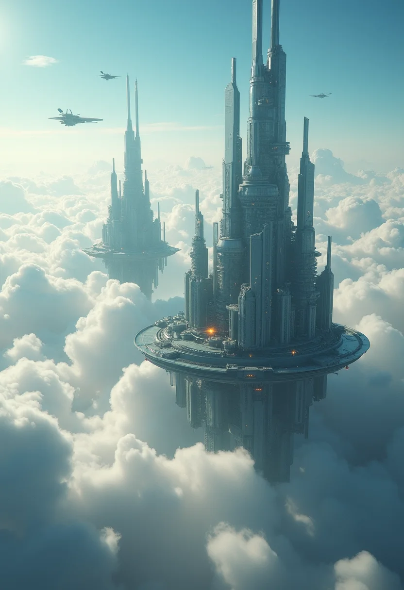A stunning futuristic city floating in the clouds. Glass towers with spires floating in the sky. Sci-fi vibes. Flying spaceships in the clouds. Futuristic. Solarpunk. Surrounded by fluffy clouds. intricate details, beautifully shot, perfect composition, high contrast, cinematic, atmospheric, moody