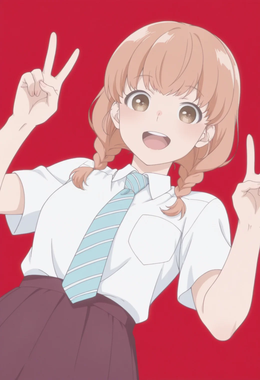 anime screencap, anime coloring, <lora:DX888Momoko:1> sudou momoko, brown eyes, medium hair, twin braids, BREAK simple background, red background, BREAK school uniform, white shirt, striped necktie, skirt BREAK 1girl, cowboy shot, double v, hands up, happy, looking at viewer, open mouth, solo, teeth, upper teeth only, v, upper body, from from below, dutch angle,