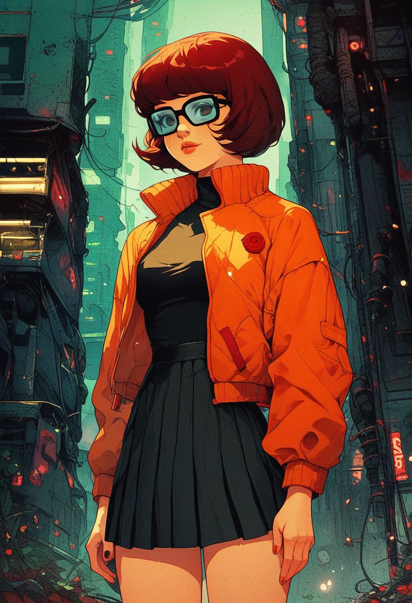 <lora:Kenva:1.0> score_9, knva, halftone effect, 1girl, solo, cyberpunk, Velma Dinkley, jacket,
