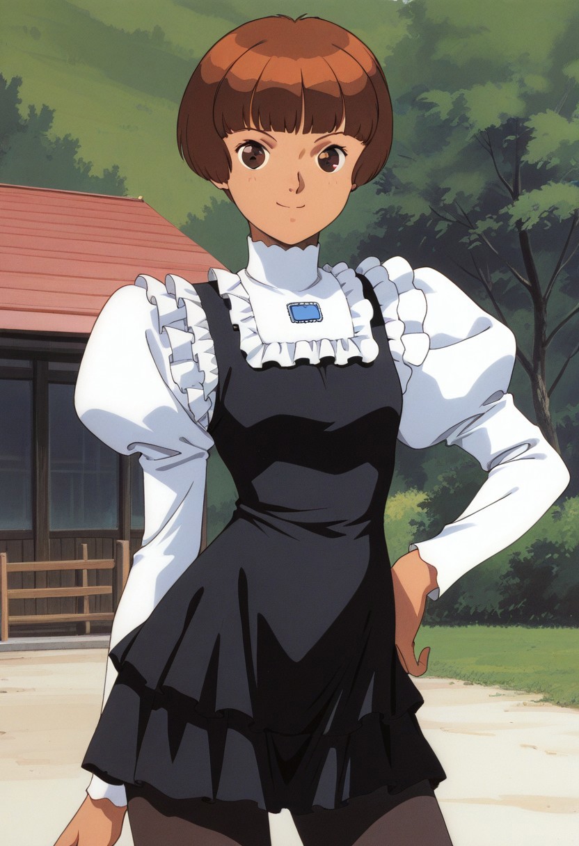 score_9, score_8_up, score_7_up, source_anime,masterpiece, best quality, retro_artstyle, 1990s_\(style\),official art,perfect_anatomy,1girl,Sochie,brown_eyes,brown_hair,short_hair,blunt_bangs,bob_cut,frills,puffy_sleeves,looking at viewer,(detailed face and eyes,happy,smile),(cowboy shot,hand on hip,pantyhose:1.2),close to viewer,outdoor,wood