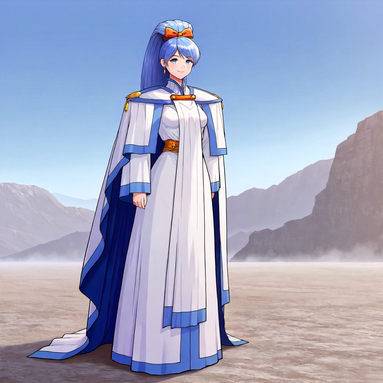 <lora:ML2_SakuyaRanzaiwaXLIllustrious004>,
masterpiece,best quality,good quality,newest,
outdoors,
smile,
looking at viewer,
solo,
SakuyaRanzaiwa,1girl,blue hair,wide ponytail,hair bow,blue eyes,earrings,
breasts,
shoulder_pad,cape,robe,
standing,full body,