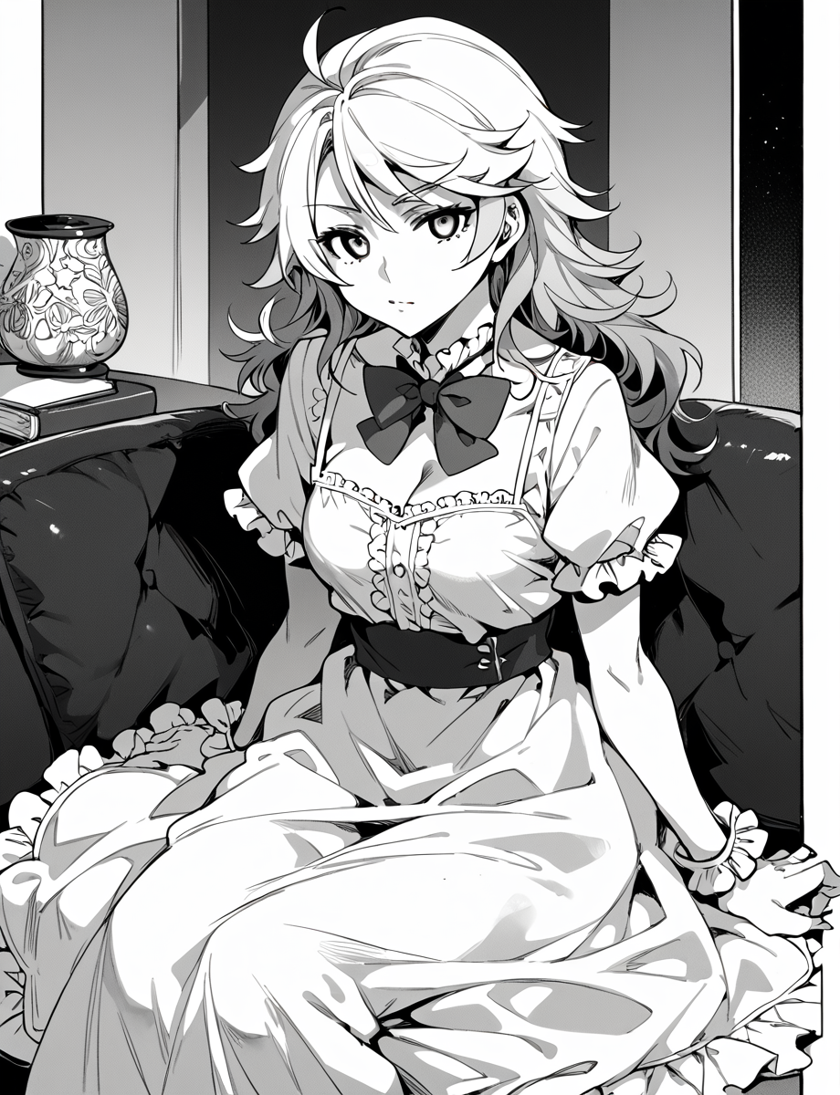 score_9, score_8_up, score_7_up, score_6_up, monochrome,((kuga_maria)) <lora:MC_gakuen_Style_Mizuryu_kei:1>, white dress, bowtie, sitting, blond hair