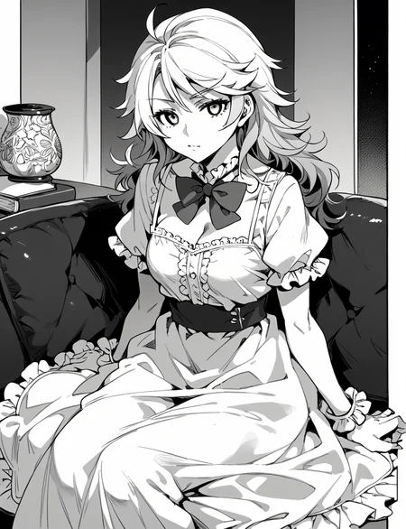 score_9, score_8_up, score_7_up, score_6_up, monochrome,((kuga_maria)) <lora:MC_gakuen_Style_Mizuryu_kei:1>, white dress, bowtie, sitting, blond hair