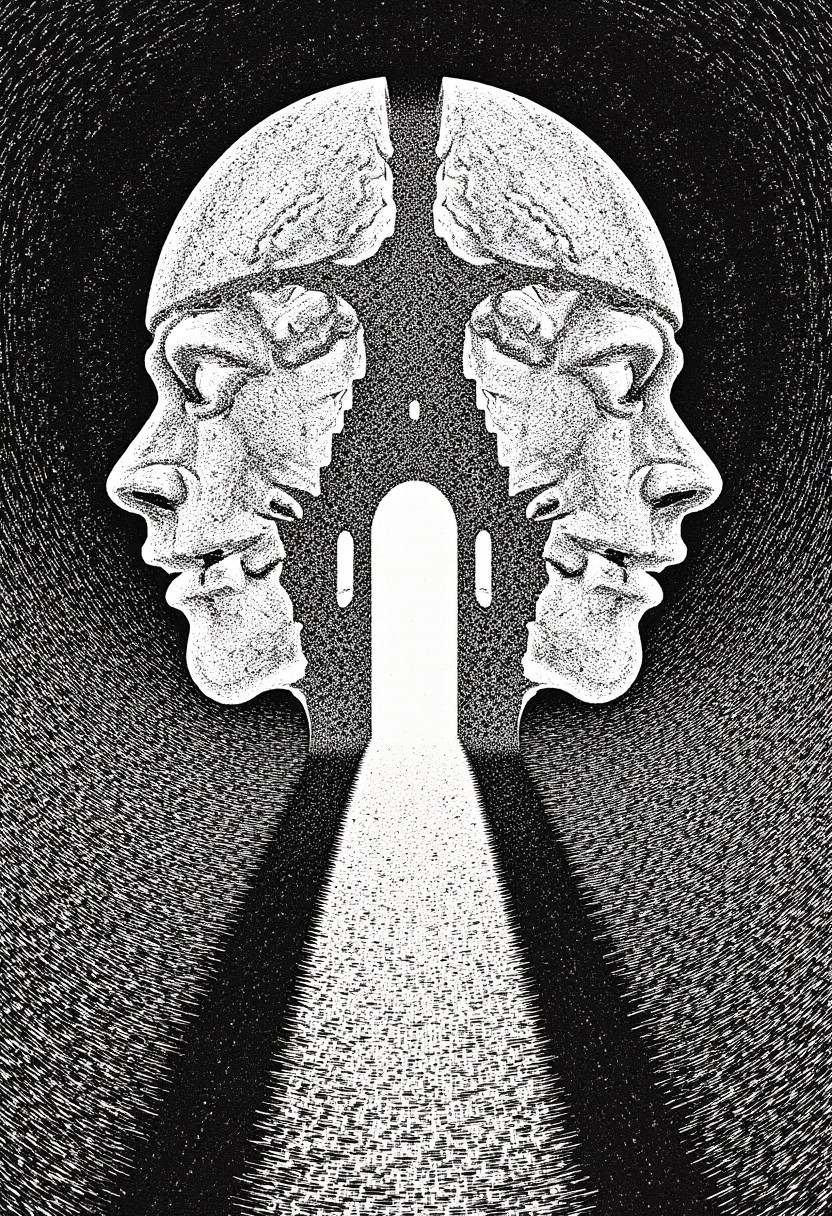 depiction of a thinking process in a brain, solving the puzzle, pure creativity, cosmic horror, by m.c.escher