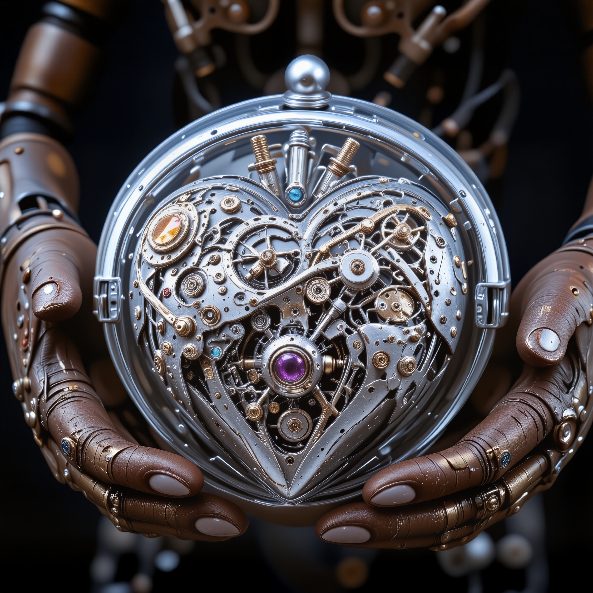 Close-up: The robot's rusty, worn hands hold a giant, sparkling mechanical heart with a transparent lid, under which gears, springs, screws, and precious stones are visible. Some of the heart's parts are shiny chrome, while others are made of gold. The mechanical heart is huge, but it looks disturbingly fragile. You can see the smallest details, the patina, the cracks. The image shown evokes sadness, a sense of tragedy., <lora:Hand v2.safetensors:0.6:0.6> <lora:Sinfully_Stylish_.02_for_FLUX-000002.safetensors:0.6:0.6> <lora:flux.1_lora_flyway_Epic-detail_v2.safetensors:0.6:0.6>
