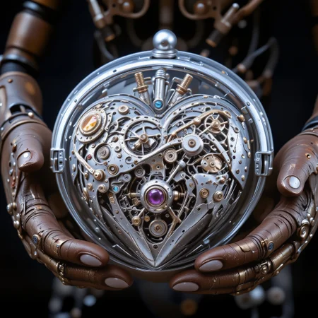 Close-up: The robot's rusty, worn hands hold a giant, sparkling mechanical heart with a transparent lid, under which gears, springs, screws, and precious stones are visible. Some of the heart's parts are shiny chrome, while others are made of gold. The mechanical heart is huge, but it looks disturbingly fragile. You can see the smallest details, the patina, the cracks. The image shown evokes sadness, a sense of tragedy., <lora:Hand v2.safetensors:0.6:0.6> <lora:Sinfully_Stylish_.02_for_FLUX-000002.safetensors:0.6:0.6> <lora:flux.1_lora_flyway_Epic-detail_v2.safetensors:0.6:0.6>