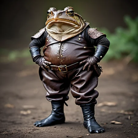 A Toad standing and wearing medieval leather pants, hyperdetailed photograph, portrait photograph, best quality