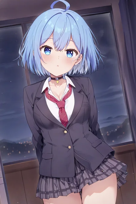 1girl,looking at viewer,facing viewer, front viewer, <lora:enotesv2:0.8>, <lora:InuzukaHimari-illustrious-draft:1> InuzukaHimari,blue eyes,blue hair, short hair,crossed bangs,ahoge,medium breasts,choker,SchoolClothes, (black jacket),collared shirt, plaid skirt,pleated skirt, miniskirt,, breasts,digital illustration,1girl, masterpiece, best quality,highres,