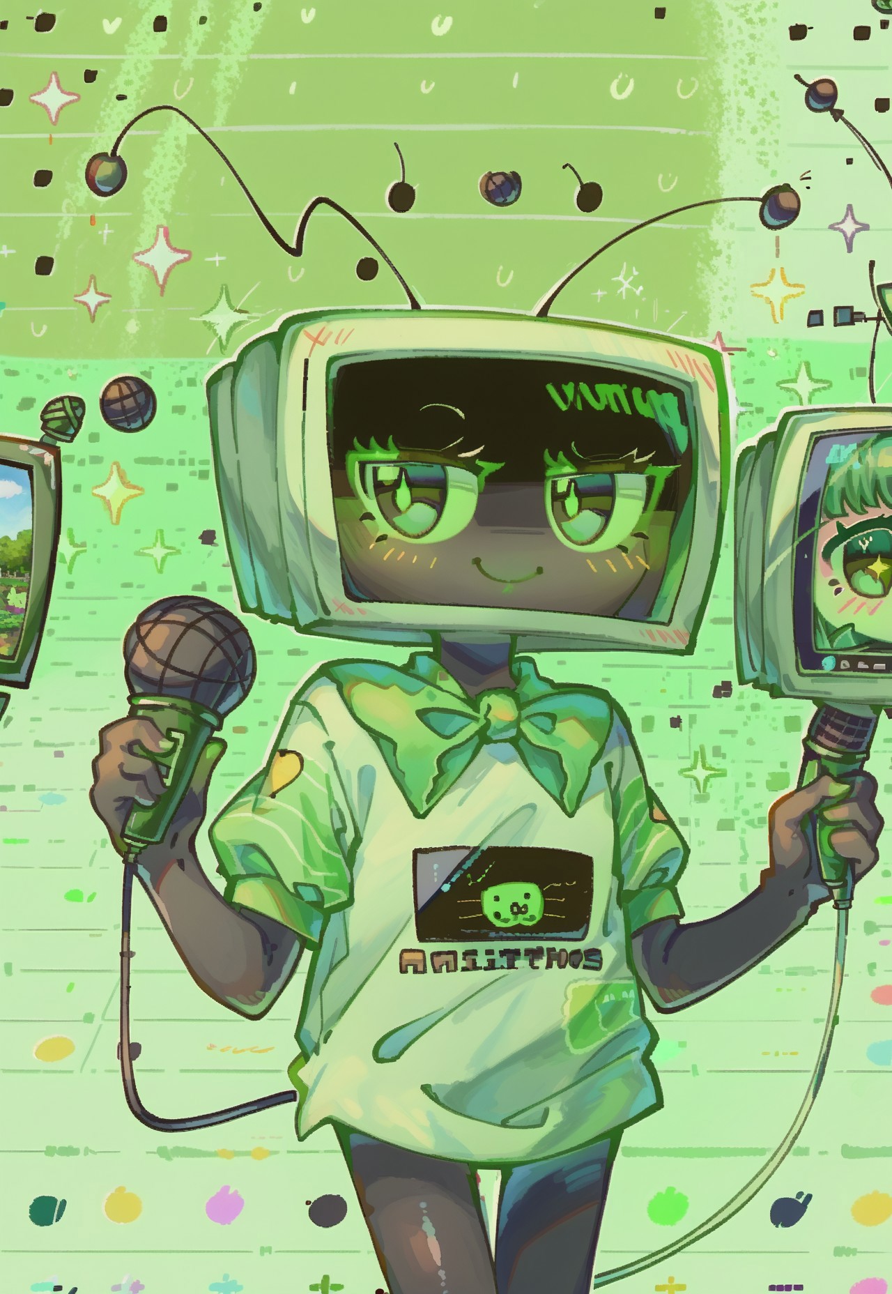 safe_pos, (cutecore, kawaiicore) 1990s (style)  (pastel colors), 1girl, (vee), black skin, green and black tv head, (television head : 1.2), green antennae,  big eyes, narrowed eyes, (half-lidded eyes), green eyes, blush, full face blush, smile, holding, holding microphone, black oversized x-ray heart graphic print t-shirt, short sleeves, light green striped long sleeves, (short sleeves over long sleeves), green bowtie, (simple scenery, simple background), light green television themed background, patterned background, microphone print background, (surrounded by tvs, monitors, microphones, stage, stage lights, cute pastel green hearts, sparkle)