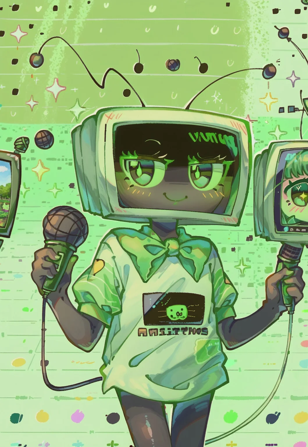 safe_pos, (cutecore, kawaiicore) 1990s (style) (pastel colors), 1girl, (vee), black skin, green and black tv head, (television head : 1.2), green antennae, big eyes, narrowed eyes, (half-lidded eyes), green eyes, blush, full face blush, smile, holding, holding microphone, black oversized x-ray heart graphic print t-shirt, short sleeves, light green striped long sleeves, (short sleeves over long sleeves), green bowtie, (simple scenery, simple background), light green television themed background, patterned background, microphone print background, (surrounded by tvs, monitors, microphones, stage, stage lights, cute pastel green hearts, sparkle)