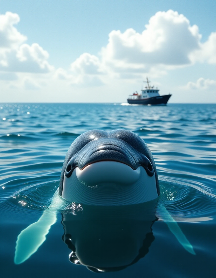 small zhibi whale, looking out of the water, a small ship in the background <lora:zhibi_flux:1>