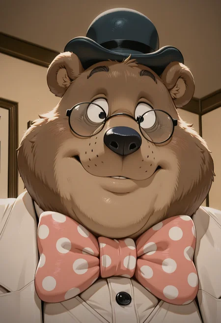 masterpiece, best quality, amazing quality, high resolution, absurdres, newest, Gr4fton,1boy, solo, bear, no humans, polka dot bowtie, furry male, glasses, fat, indoors, bowler hat, white outfit, formal suit, close-up portrait, refined smile <lora:Grafton_the_Lawyer_Alfred_J_Kwak:.85> <lora:NOOB_vp1_detailer_by_volnovik_v1:1>