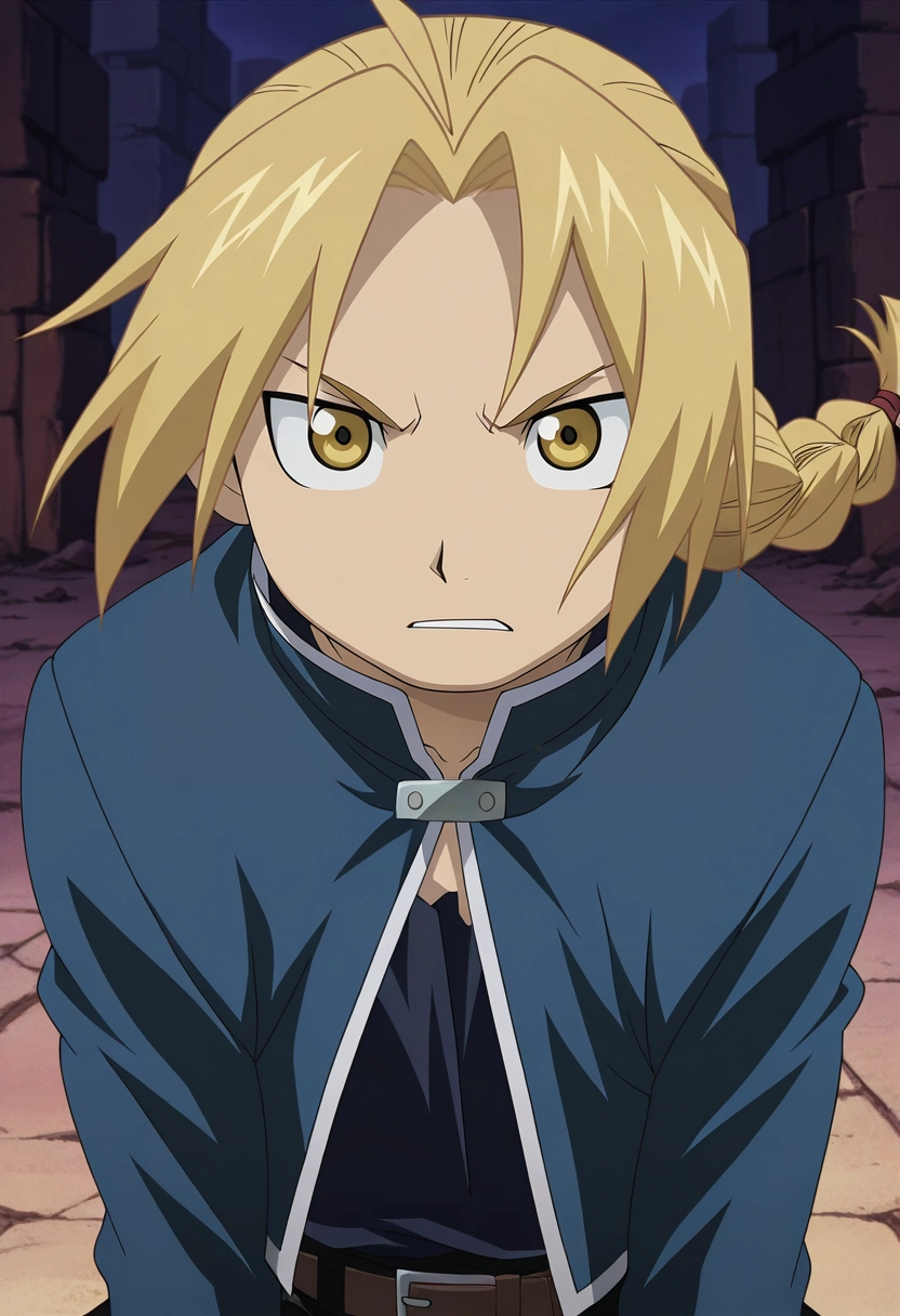 masterpiece, best quality, intricate details, anime screencap, anime coloring, official style, looking at viewer, 1boy, solo, male focus, <lora:edward_elric_ilxl:0.94>, edward_elric, blonde hair, yellow eyes, single braid, braided ponytail, , asymmetrical, death valley, light, dynamic pose, speaking, talking,