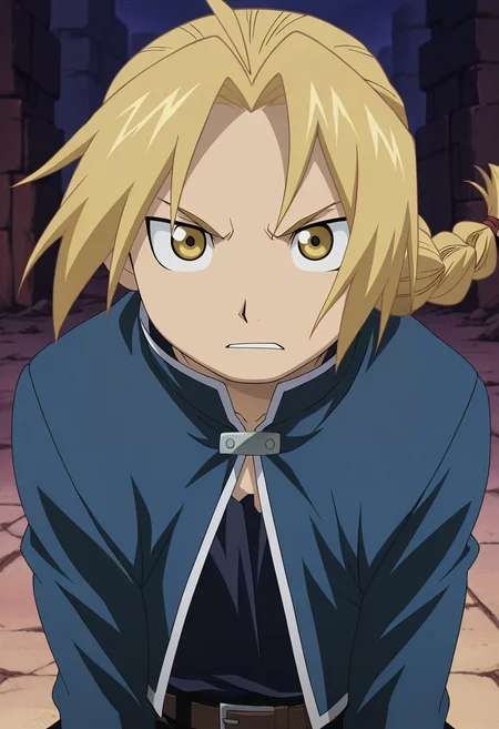 masterpiece, best quality, intricate details, anime screencap, anime coloring, official style, looking at viewer, 1boy, solo, male focus, <lora:edward_elric_ilxl:0.94>, edward_elric, blonde hair, yellow eyes, single braid, braided ponytail, , asymmetrical, death valley, light, dynamic pose, speaking, talking,
