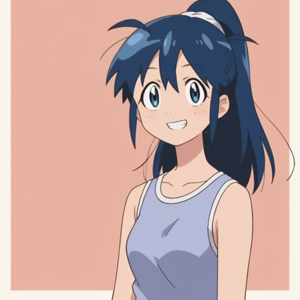 score_9, score_8_up, score_7_up, score_6_up, score_5_up, score_4_up, simple background, anime screencap,  anime coloring, source_anime, animification,   <lora:Aki_Hinata:0.8> , akihin, 1girl, tank top, blue eyes, blue hair, smile, teeth, hair tie, ponytail, long hair, looking at viewer, light smile,