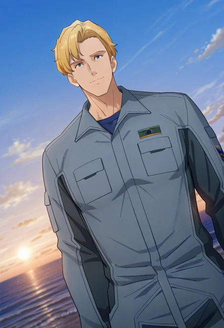 safe_pos, safe_pos, score_9, score_8_up, score_7_up, score_6_up, perfect anatomy, perfect proportions, best quality, masterpiece, high_resolution, high quality, best aesthetic, incredibly absurdres, highres, extremely detailed, huge filesize, solo male, adult, mature, masculine, manly, handsome, charming, alluring, seductive, heroic, standing, upper body, dutch angle, cowboy shot, perfect face, perfect eyes, source_anime, anime coloring, BBBSmith, Lewis Smith \(Brave Bang Bravern\), blue eyes, BBBSmith_hairstyle01, blond hair, short hair, BBBSmith_outfit03, back undershirt, grey pilot jumpsuit, two-tone jumpsuit, grey/black jumpsuit, black boots, low angle, cinematic still, emotional, harmonious, vignette, bokeh, cinemascope, moody, epic, gorgeous, outdoor, sky, day, ocean, (from front, front view:1.4)