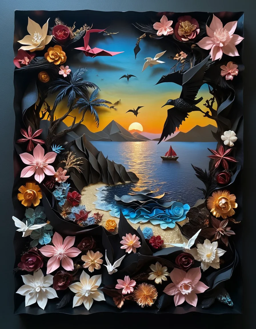 made out of ral-dryflwrs, hyper detailed, landscape of The Caribbean Sea, at Golden hour, gothic aesthetic, British landscape painting, origami art, elegance, dreamlike scenes, dream, dark, ethereal, <lora:ral-dryflwrs-sdxl:0.7>, highly detailed, elaborate, luxurious, beautiful, fine polished