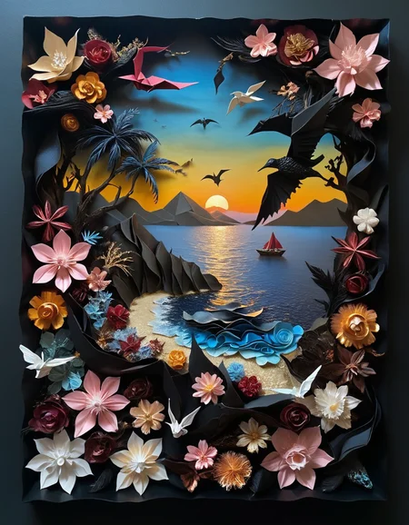 made out of ral-dryflwrs, hyper detailed, landscape of The Caribbean Sea, at Golden hour, gothic aesthetic, British landscape painting, origami art, elegance, dreamlike scenes, dream, dark, ethereal, <lora:ral-dryflwrs-sdxl:0.7>, highly detailed, elaborate, luxurious, beautiful, fine polished