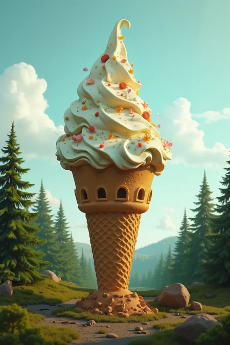 in a surreal landscape, a Bohemian sundae, its distinctive features etched into the sky, stands tall against a backdrop of a lush green forest. 