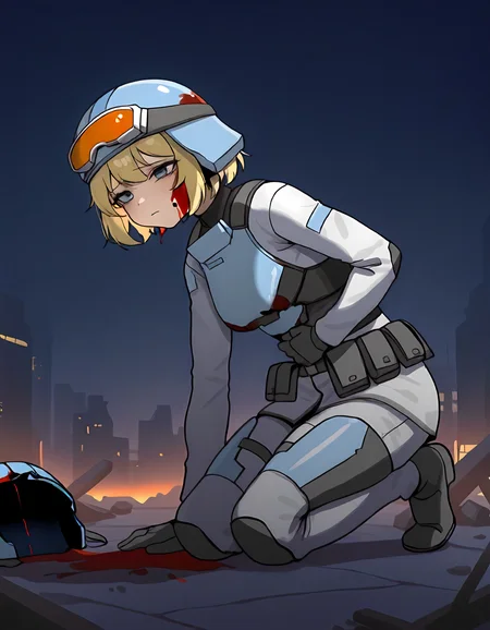 masterpiece, best quality, newest, absurdres, highres, very awa, 1girl, solo,  <lora:S.E.A.F_Girl:1>, seafgirl, short hair, blonde hair, cosplay, pouch, utility belt, helmet, goggles on head, defeated, sad, combat, ruined cityscape, futuristic cityscape, dark, night, blue glow, orange glow, kneeling, bleeding, blood on head, blood on face, clutching side, hand on waist, bleeding from abdomen, bend over, just been shot