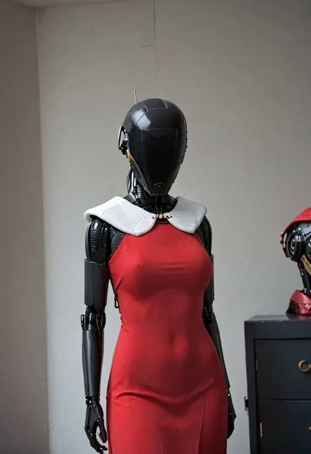 A 35mm photo a woman, she is a humanoid robots , robotic body, vibrant green robotic eyes, freckles, smooth featureless silver grey robotic skin, robotic aerials, metallic dark blue hair, elegant red Christmas satin dress with white fur trim, 
mannequin, faceless, egghead, noface, cyborg, TheFaceLess, Zorii-pxl, Zorii Bliss, faceless