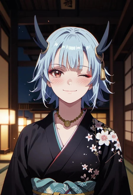 score_9,score_8_up,score_7_up,source_anime, OUROBOROS,1girl,solo,looking at viewer,blush,smile,closed mouth,jewelry,blue hair,upper body,one eye closed,japanese clothes,kimono,necklace,headgear,floral print,;\),print kimono,black kimono,