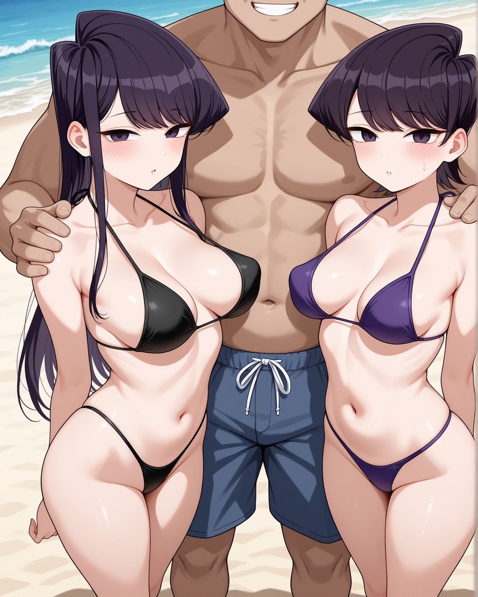 masterpiece, best quality, 2girls, 1boy, Komi Shouko, Komi Shuuko, long hair, short hair, purple eyes, purple hair, swept bangs, looking at viewer, blush, bikini, thong, beach, faceless male, size difference, male face out of frame, standing, navel, medium breasts, perky breasts, collarbone, netorare, cheating (relationship), 2girls1boy, hand on another's shoulder, <lora:Girl_Sandwich_2girls_1boy_Illustrious:1>, girl_sandwich, male grin, half-closed eyes, parted lips,