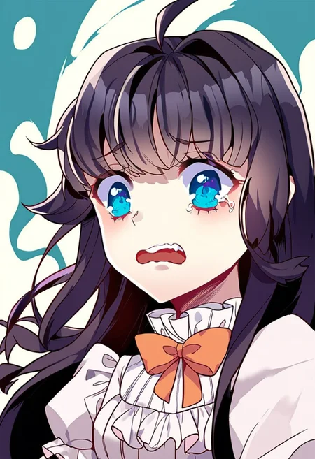 score_9,score_8_up,score_7_up,source_anime,zPDXL3,
*//*,<lora:BlancheFreidkin_v1.0:1.1>,blanche_freidkin1girl,blue eyes,black hair,long hair,hair intakes,ahoge,white dress,frilled dress,bow,
*//*,upper body,dutch angle,scared,