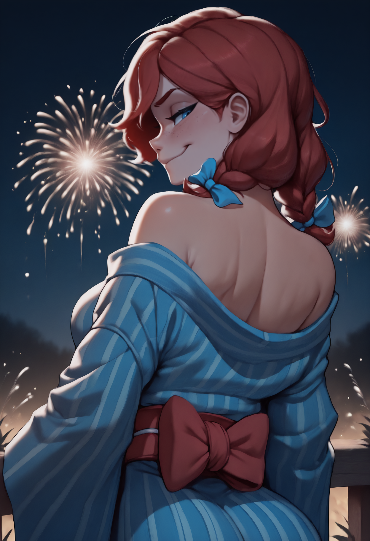 masterpiece, best quality, from behind, solo, 1girl, w3ndys, freckles, smirk, looking back, long hair, red hair, low twin braids, hair bow, blue bow, blue eyes, japanese clothes, blue kimono, vertical-striped kimono, off shoulder, red sash, bare shoulders, outdoors, night, fireworks
<segment:yolo-face_yolov8m.pt,0.4,0.5//cid=1>