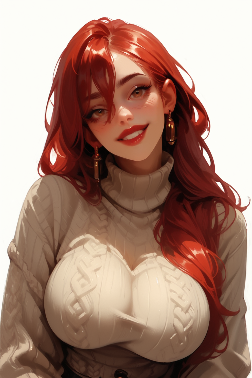 1girl, solo, sweater, red hair, long hair, breasts, brown eyes, earrings, jewelry, letterboxed, turtleneck, large breasts, blush, looking at viewer, parted  upper body, smile, makeup, turtleneck sweater, lipstick, head tilt, cable knit, hair between eyes aran sweater, huge breasts, ribbed sweater, long sleeves,, zPDXL3, detailxl,  Score_PnyReal, (lineless:1.5)