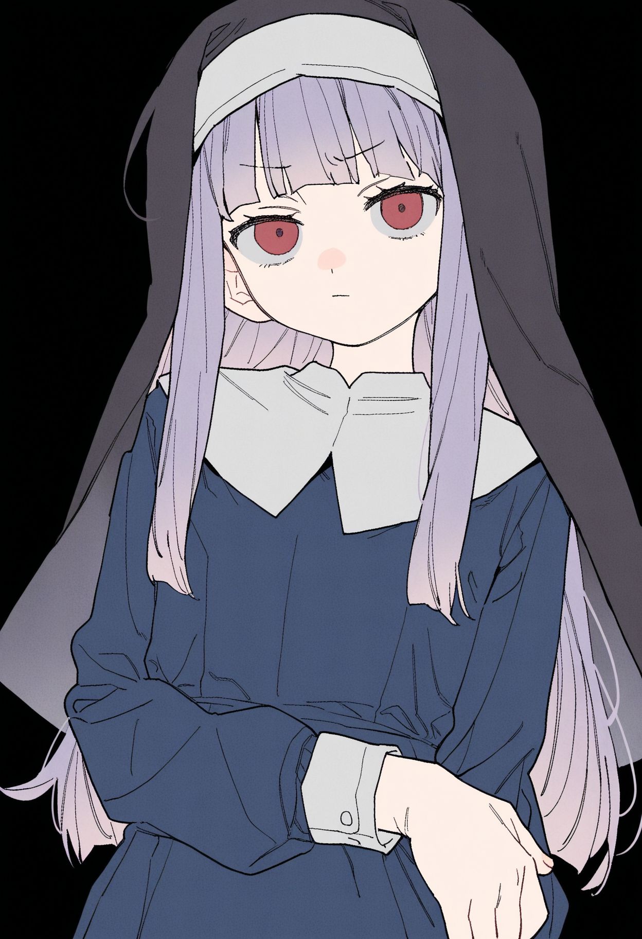 masterpiece,best quality,amazing quality,
1girl, solo, long hair, red eyes, dress, black background, bangs, school uniform, blue dress, purple hair, long sleeves, upper body, habit, blunt bangs, looking at viewer, closed mouth, long dress,
 <lora:Dayama_epoch_8:1>