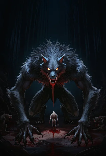 MASTERPIECE, AMAZING QUALITY, 3NDL3SS, BEAST, WEREWOLF, DARK, SHARP FANGS, BLOODY, ABOMINATION,