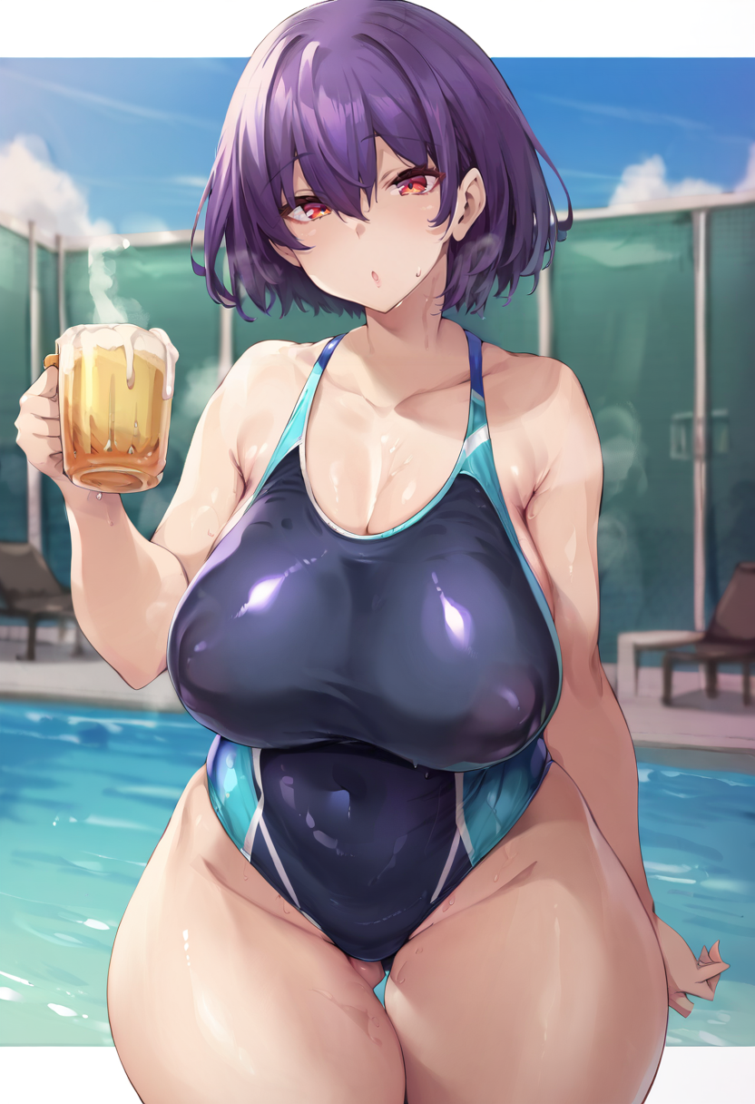 score_9, score_7_up,  1girl, 
huge breasts, wide hips, thick thighs, breasts, skindentation, mug, sweat, red eyes, cowboy shot, solo, open mouth, short hair, one-piece swimsuit, hand up, competition swimsuit, collarbone, standing, purple hair, thighs, looking at viewer, bare shoulders, :o, cup, covered navel, groin, holding, covered nipples, hair between eyes, highleg swimsuit, swimsuit, arm at side, shiny skin, holding cup, highleg, alternate breast size, ass visible through thighs, black one-piece swimsuit
 <lora:thomasz-Style-PonyXL-GLoRA-v1.1-000045:1>