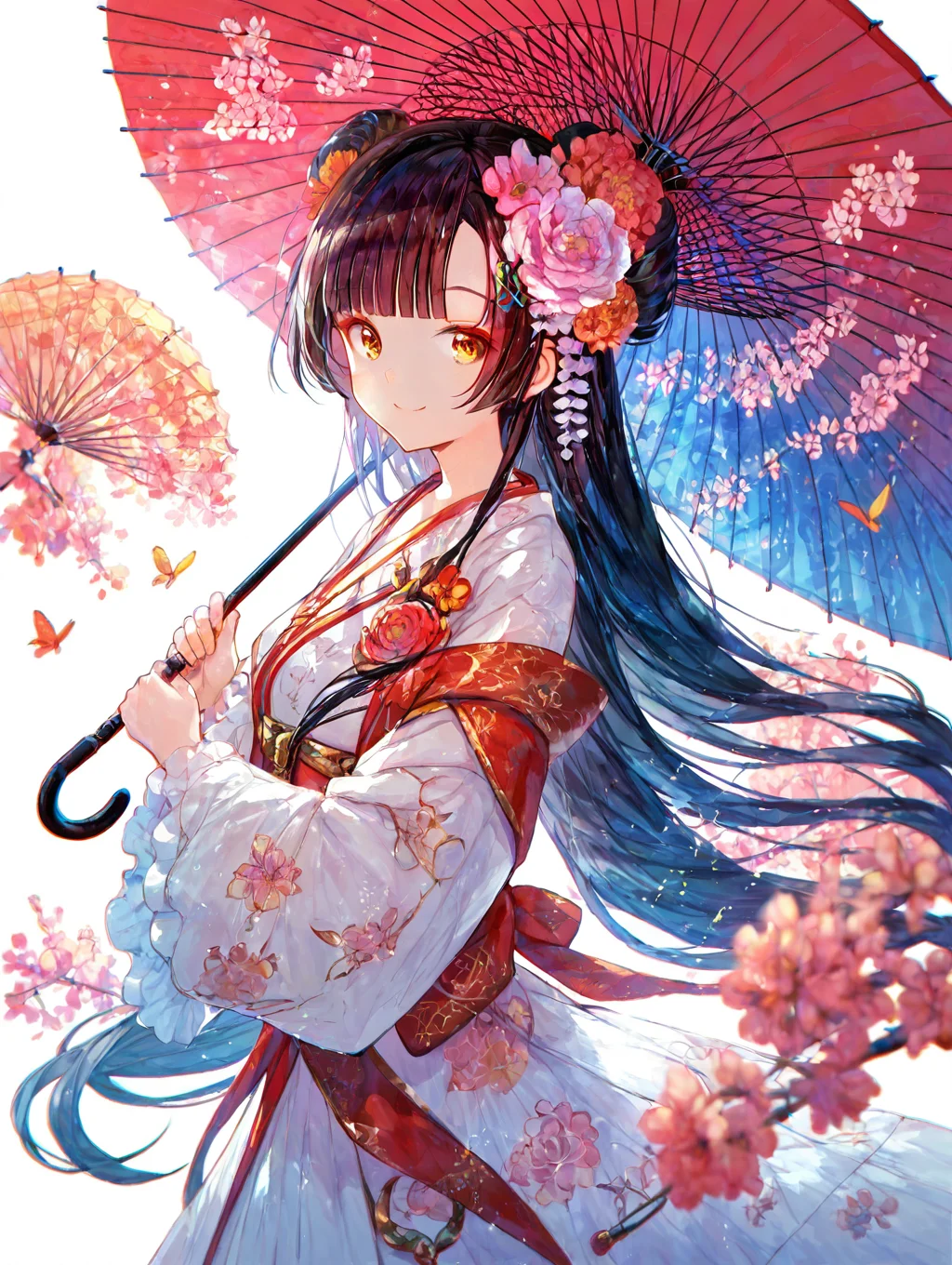 (score_9,score_8_up,score_7_up),high quality,best quality,Highly detailed,highres,1girl,sexy,1girl,umbrella, long hair, holding, holding umbrella, hair ornament, hanfu, flower, looking at viewer, hair flower, smile,<lora:tengyuan-XL2:0.7>,