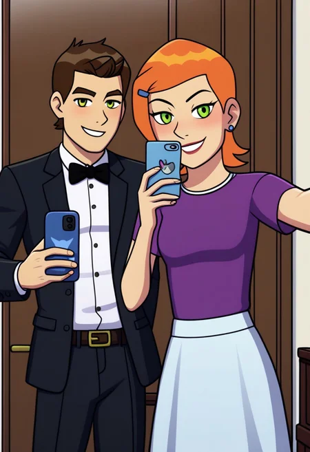 2 people, taking selfie in the mirror, fancy outfits,