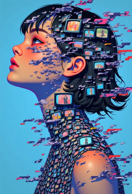 a woman in a dress that's made out of tv screens, she's glitching and becoming faded, she has dissociative identity disorder and cannot remember who she is, each of the screens depict someone else