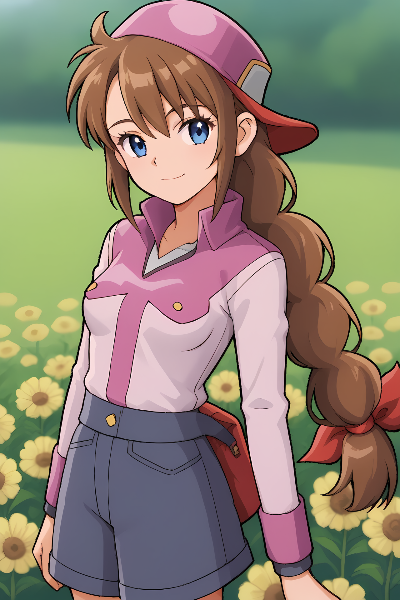 (flower field:1.30), cra-liv, pink cap, backwards cap, blue eyes, brown hair, single braid, bangs, red hair ribbon, 
medium breasts, 1girl, solo, skinny, (source_anime, score_9, score_8_up, score_8, score_7_up), score_7, score_6_up, score_6, score_5_up, score_5, 
(light smile:1.30),
(school:1.10),
(:1.40), (:1.20),
<lora:cra-liv-V03-000003:0.90>