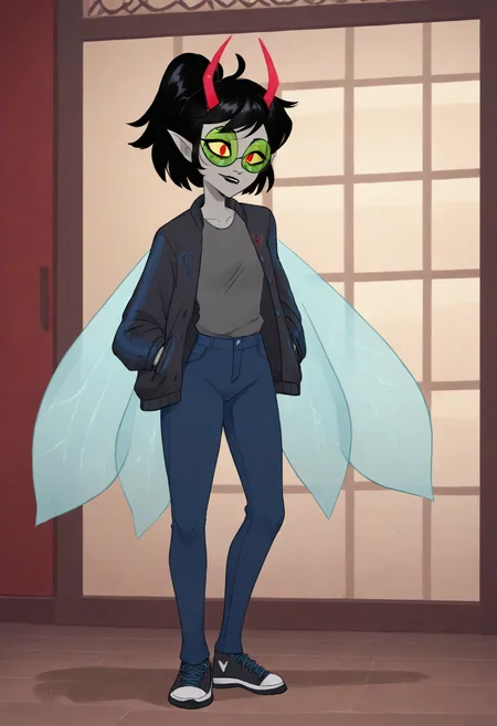 score_9, score_8_up, score_7_up, HD, best quality, masterpiece, hazbin, solo, 1girl, black hair, horns, antennae horns, pointy ears, makeup, coloured skin, grey skin, insect wings, tinted eyewear, green glasses, grey shirt, letterman jacket, symbol on jacket, fly \(symbol\), tight pants, jeans, sneakers, indoors