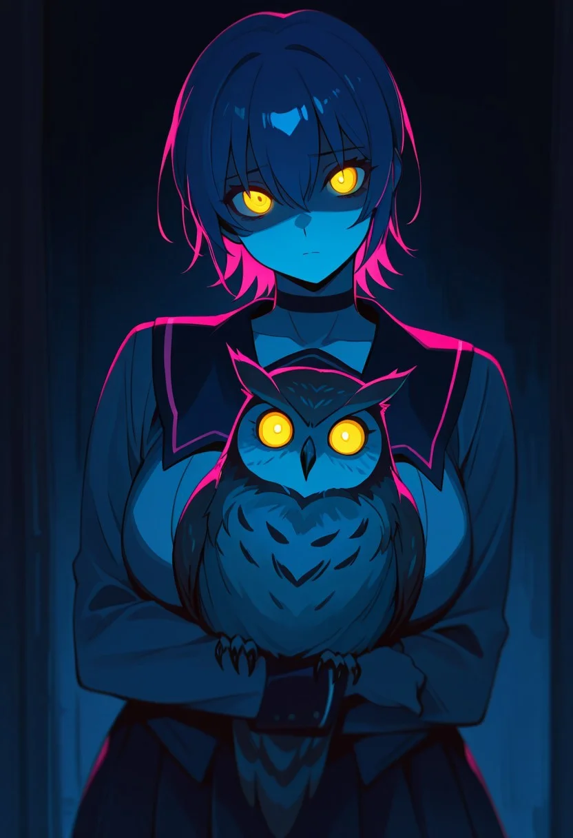 masterpiece, best quality, newest, highres, absurdres, <lora:LeIsT0_style:1>, LeIsT0_illu,1girl, Yuuki Miyagishi, short hair, yellow eyes, holding animal, solo, curvy, dark, school uniform, bird, looking at viewer, holding, long sleeves, serafuku, animal, glowing eyes, owl, glowing, bangs, closed mouth, hair between eyes, choker, dark_theme, pink highlights, blue_theme, black background, foreshortening, depth of field, blurry edges, ,