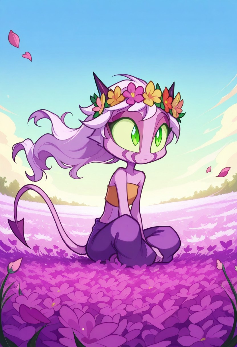 Dreamkeepers,1girl,Prelude_Namah,solo,demon tail, green eyes, horns, 
child,
hippie , pant , flowerchild girl , flower crown ,Hair Wreath , long hair , strapless cropped top , flower ,colorful , vibrant , sitting , barefoot , flower field , blue sky , flowing hair , cheerful , wind , flower petal ,
masterpiece, best quality ,amazing quality ,S4bit4mago_illu , xxx667_illu ,Protoneon  , ma1ma1helmes_b_illu,