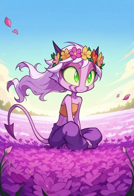 Dreamkeepers,1girl,Prelude_Namah,solo,demon tail, green eyes, horns,
child,
hippie , pant , flowerchild girl , flower crown ,Hair Wreath , long hair , strapless cropped top , flower ,colorful , vibrant , sitting , barefoot , flower field , blue sky , flowing hair , cheerful , wind , flower petal ,
masterpiece, best quality ,amazing quality ,S4bit4mago_illu , xxx667_illu ,Protoneon , ma1ma1helmes_b_illu,