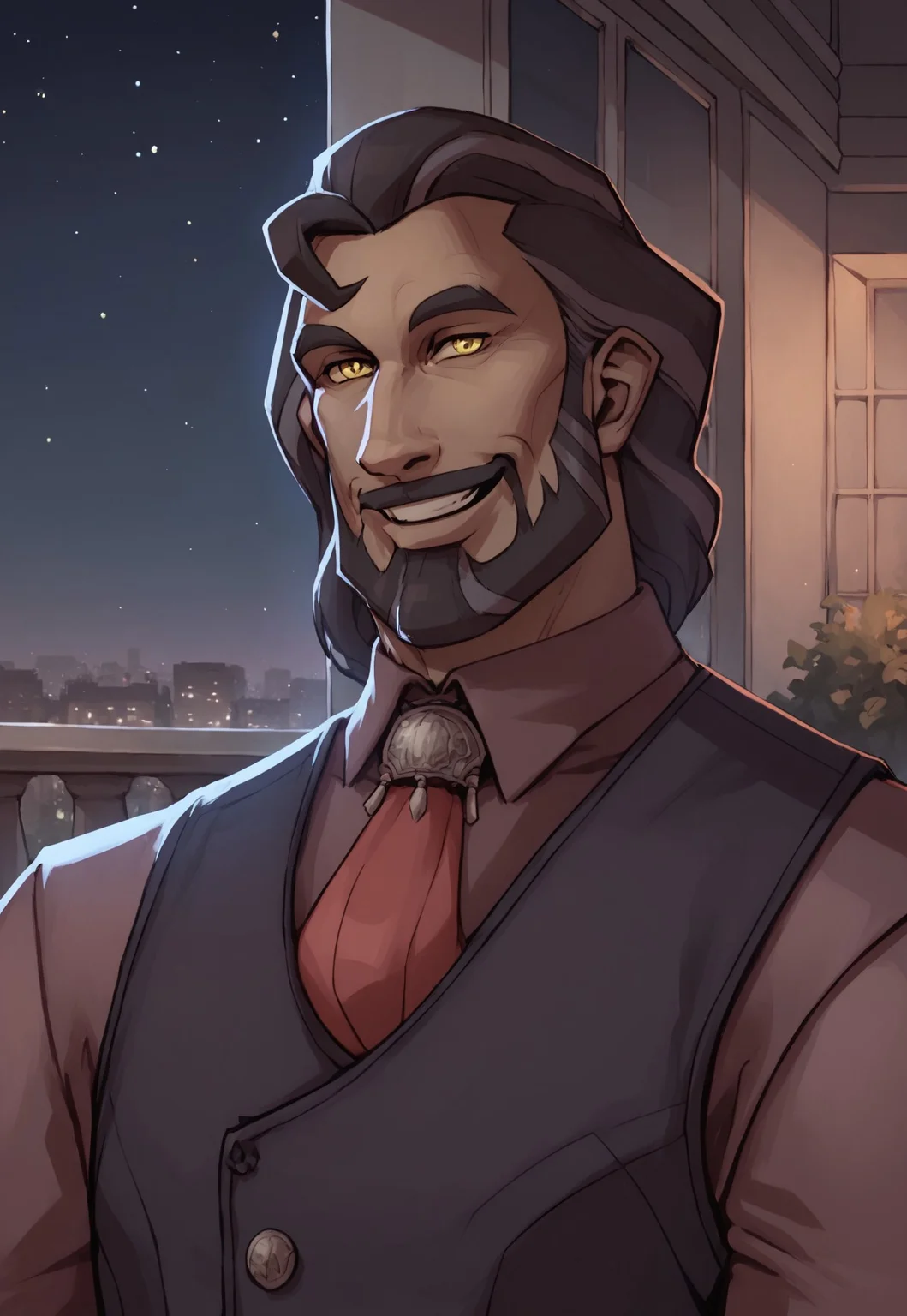 score_9, score_8_up, Andromachos, medium hair, beard, facial hair, yellow eyes, vest, shirt, necktie, portrait, smile, looking at viewer, balcony, night, stars, city in the background,